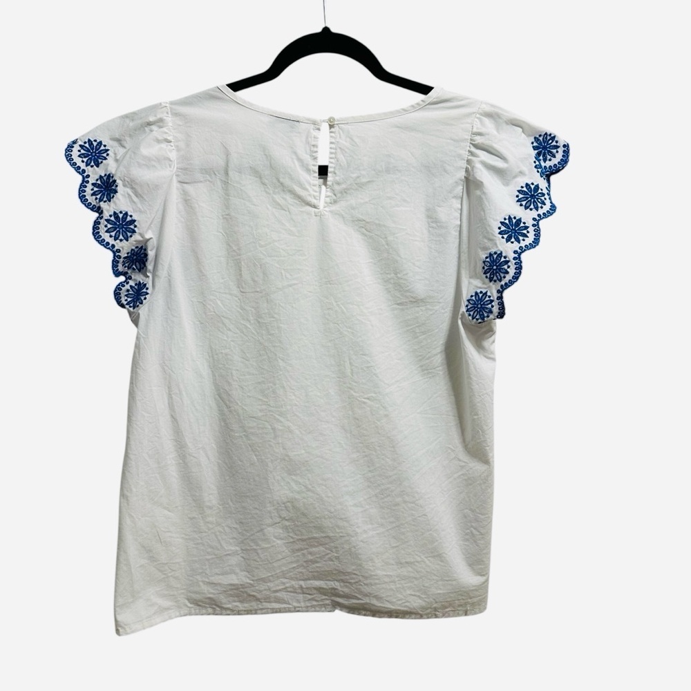 J. Crew embroidered flutter sleeve top white with blue scalloped sleeves Small - Picture 4 of 12